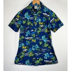 Go Barefoot Shirt Womens Small Blue Hawaiian Floral Pineapple Popover Cotton USA